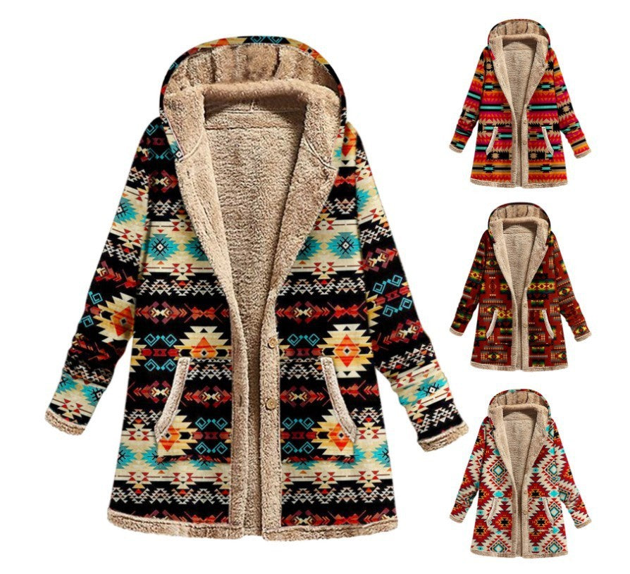 Cotton And Linen Printed Hooded Sweater Warm Plush Jacket