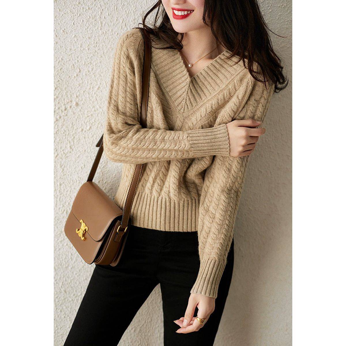 Soft Glutinous Twist Autumn And Winter Lazy Style Loose V-neck Sweater