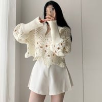 Loose Design Sense Niche Lantern Sleeve Crocheted Hollow Sweater Women's Outer Wear