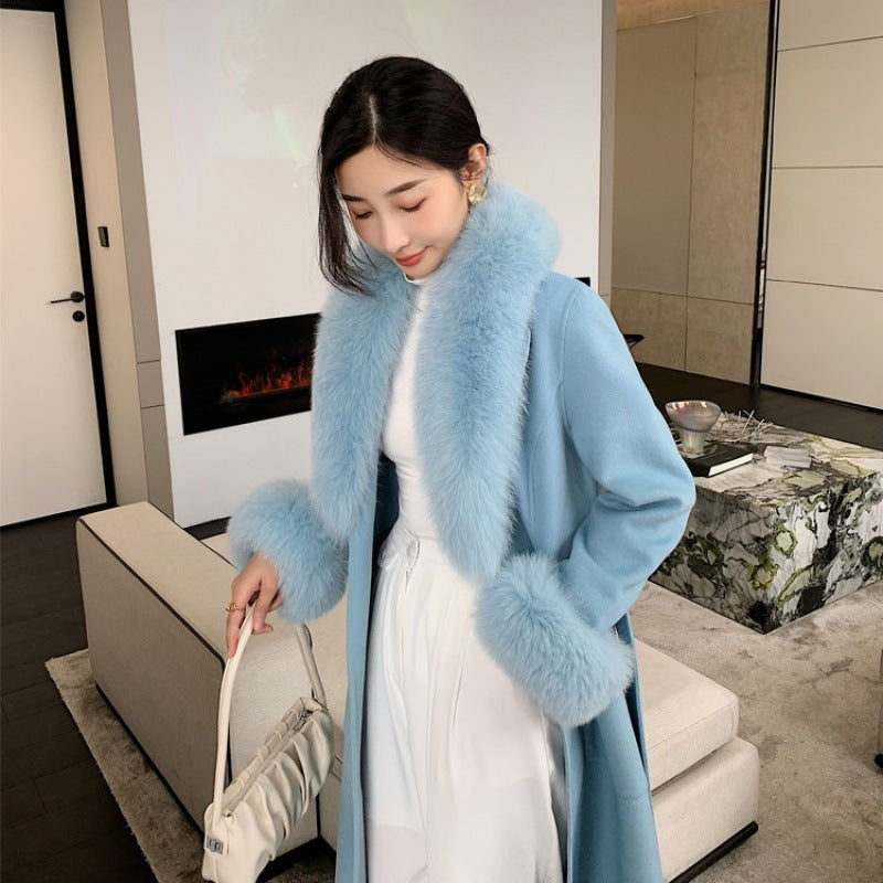 Women's long lace-up fur collar coat