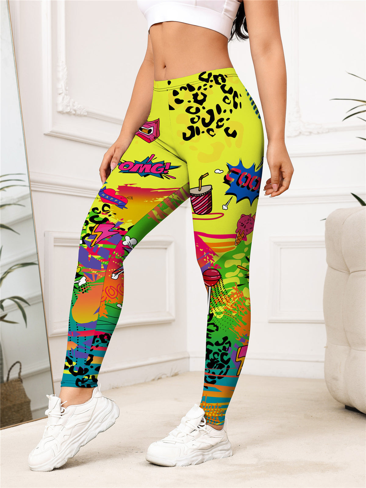 Yellow Cartoon Printed Sports Slim-fitting Leggings