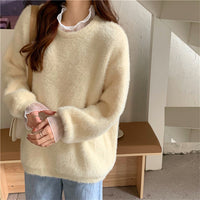 Soft Glutinous Autumn And Winter New Gentle Mink-like Wool Thickened Outer Wear Loose Long-sleeved Stitching Pullover Knitted Sweater For Women