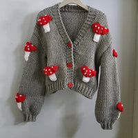 Loose Sweet Tridimensional Mushroom Crochet Short Sweater Cardigan