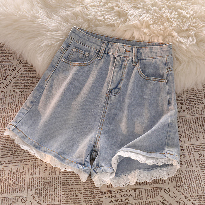 Denim Shorts Women's High-waist Lace Design Hot Pants