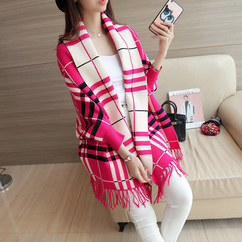 Women's Plaid Tassel Cape And Shawl Coat