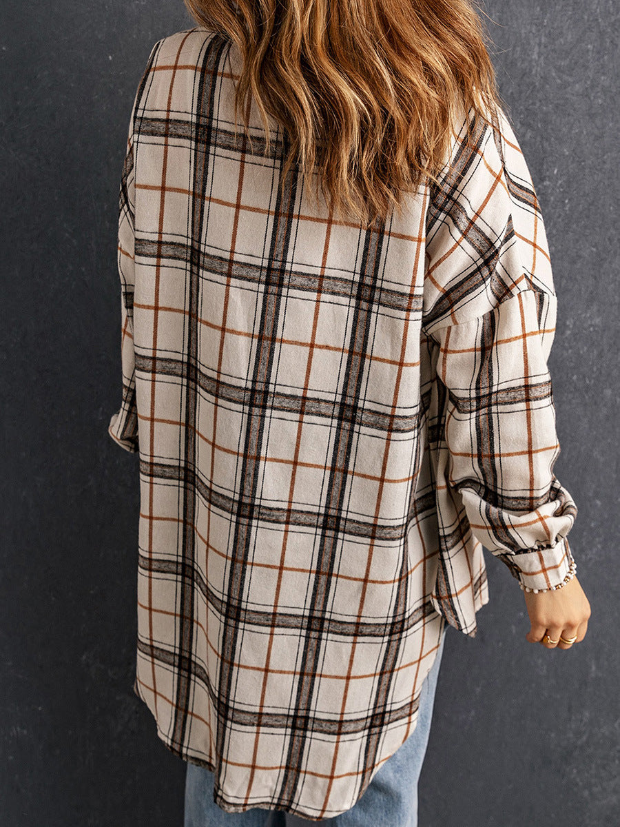 Plaid Long-sleeved Shirt Women's European And American Thigh-length Loose Cardigan All-matching Shirt