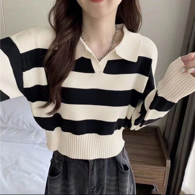 Polo Collar Stripes Knitwear Loose Small Short Sweater Autumn And Winter