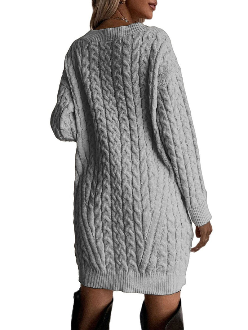 Solid Color And V-neck Pullover Dress Sweater Women's Casual Fashion Mid-length Knitwear