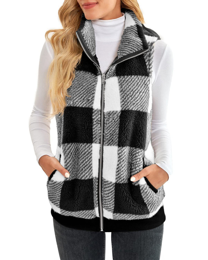 Thick Checks Double-sided Velvet Cardigan Vest Stand Collar Sleeveless Coat