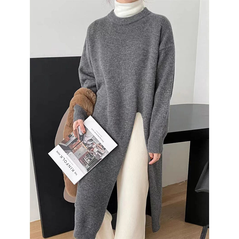 Autumn And Winter Loose Side Slit Long Knitted Sweater Dress