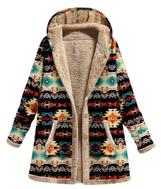 Cotton And Linen Printed Hooded Sweater Warm Plush Jacket