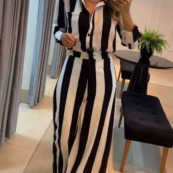 Fashion Striped Pocket Design Shirt Wide Leg Pants Suit