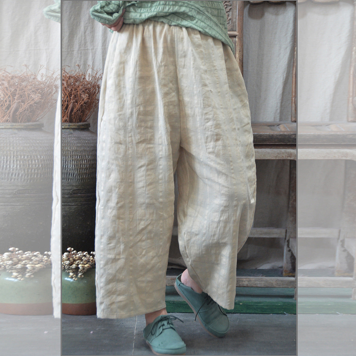 Cropped Artistic Casual Elastic Waist Loose Plus Size Linen Women's Pants