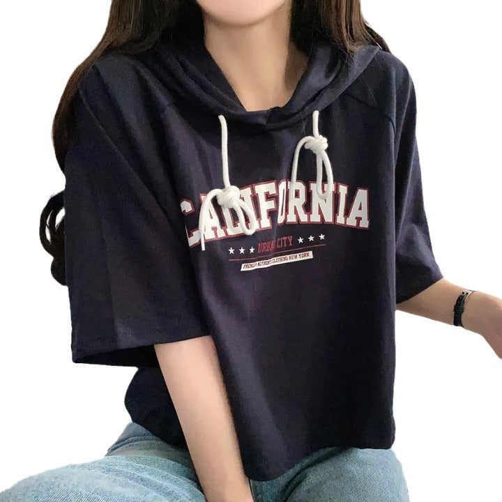 Casual Letter Hooded Short Sleeve Loose Half-sleeved T-shirt Top