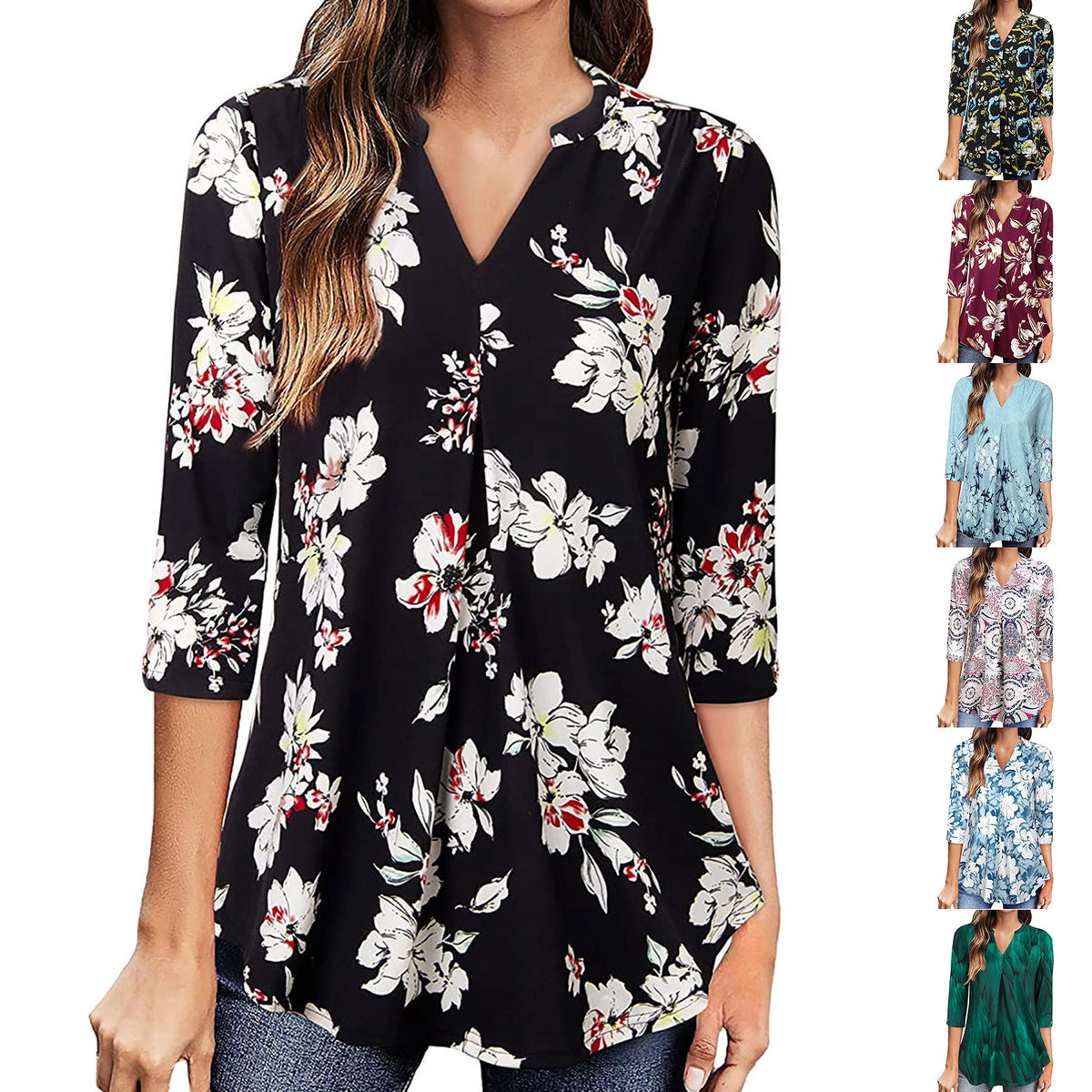 Flowers Print Tops V Neck Long Sleeve Flowers Print Shirt Women Blouse