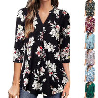 Flowers Print Tops V Neck Long Sleeve Flowers Print Shirt Women Blouse