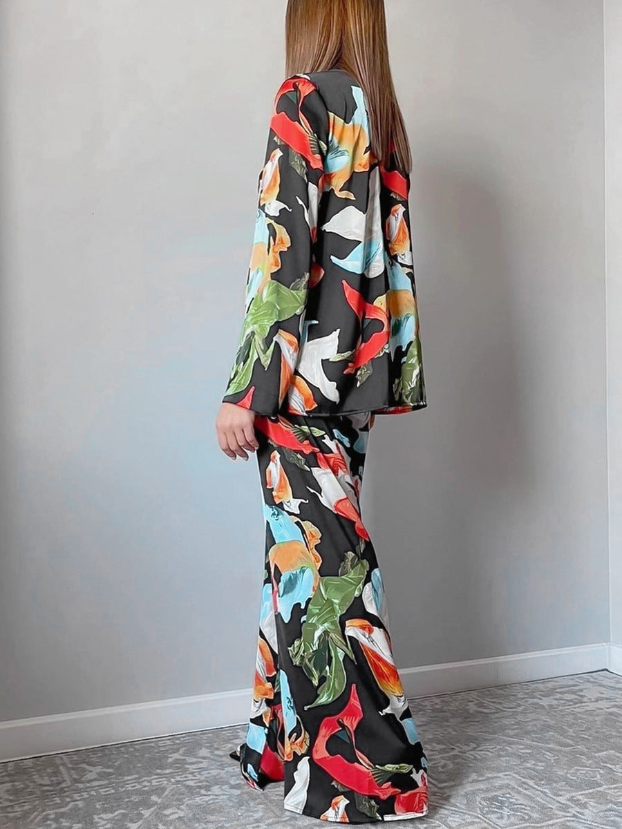 Women's Fashion Print Top Wide Leg Pants Suit