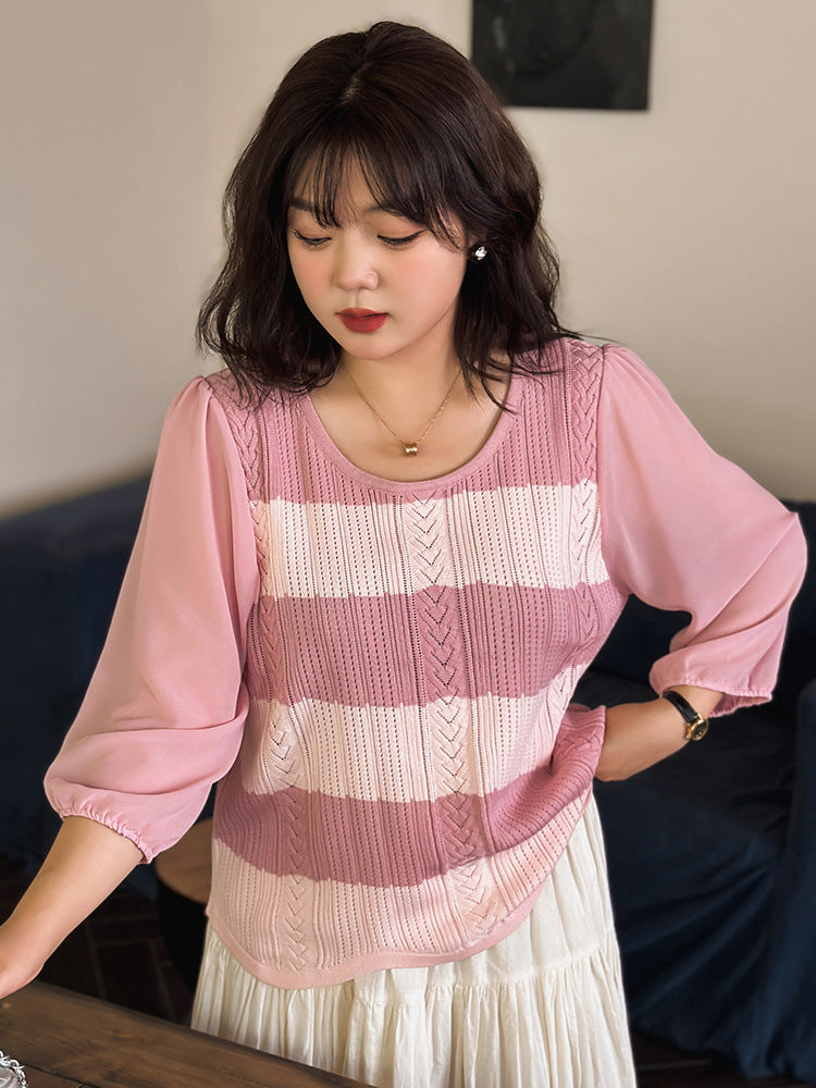 Round Neck Sweet Stitching Long Sleeve Loose Striped Sweater