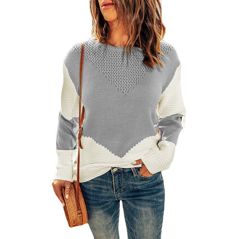 European And American Knitted Top Women's Autumn And Winter Clothing New Round Neck Contrast Color Bottoming Shirt