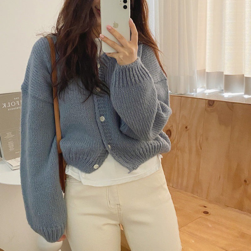 Women's Round Neck Single-breasted Loose Long-sleeved Knitted Sweater