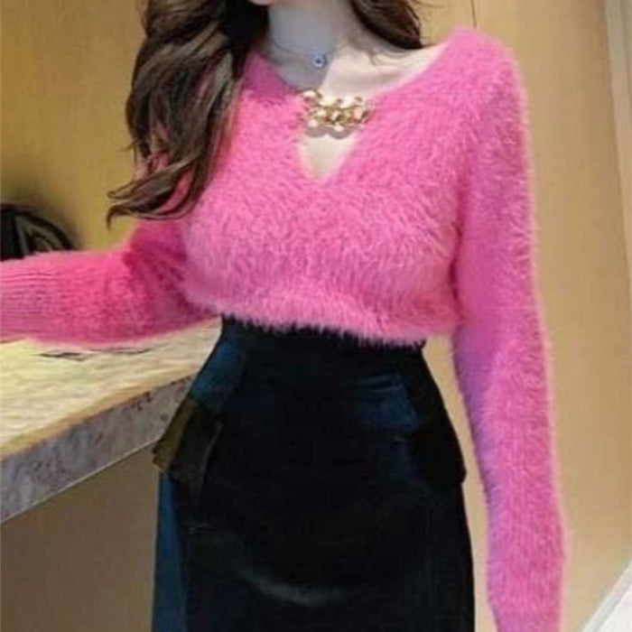 New Imitation Mink V-neck Sweater Women's Simple