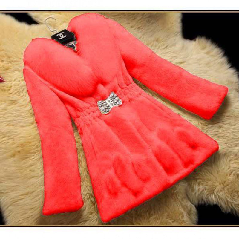 New Rex Rabbit Fleece Haining Fur Coat Mid-length Lady Fox Fur Collar Slim Fit