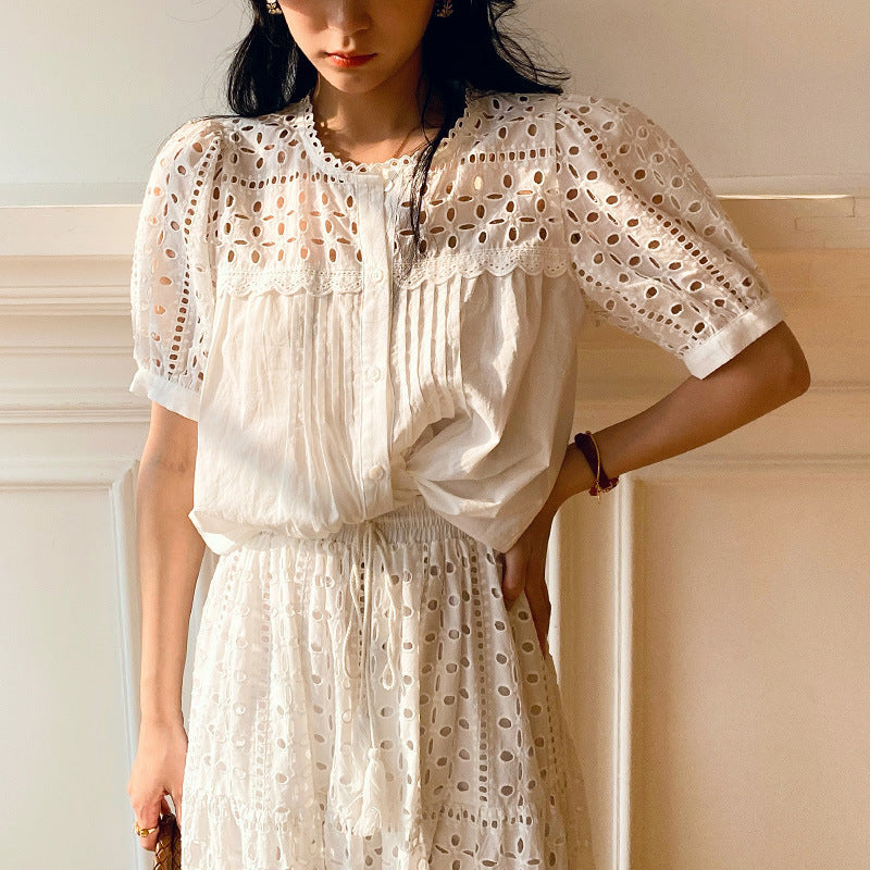Vacation Style Embroidery Hollow French Suit