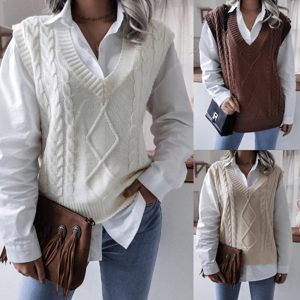 Women's V-neck Fried Dough Twist Casual Loose Knit Sweater Vest