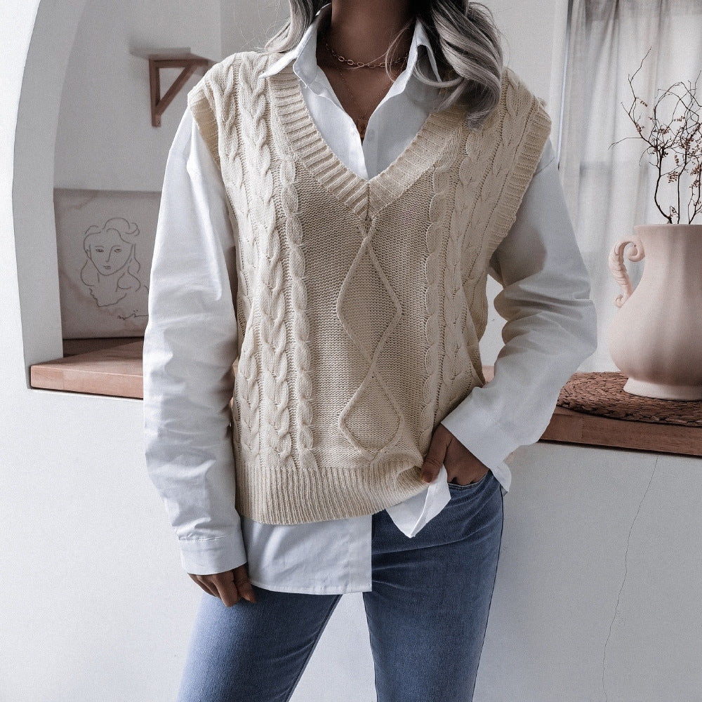 Women's V-neck Fried Dough Twist Casual Loose Knit Sweater Vest