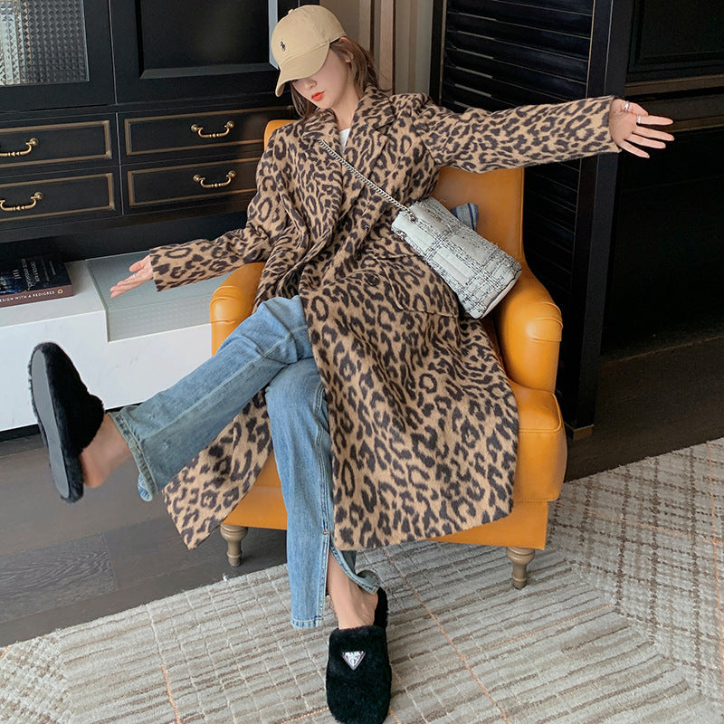 Women's Long Winter Leopard Print Woolen Coat