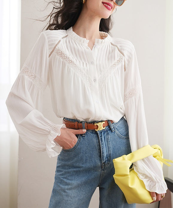 Early Spring Lace Stitching French Shirt For Women