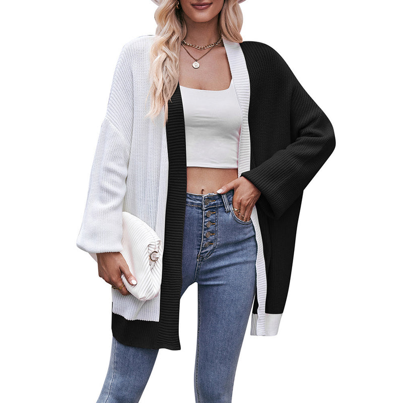 Contrast Color Loose Shawl Mid-length Sweater Cardigan