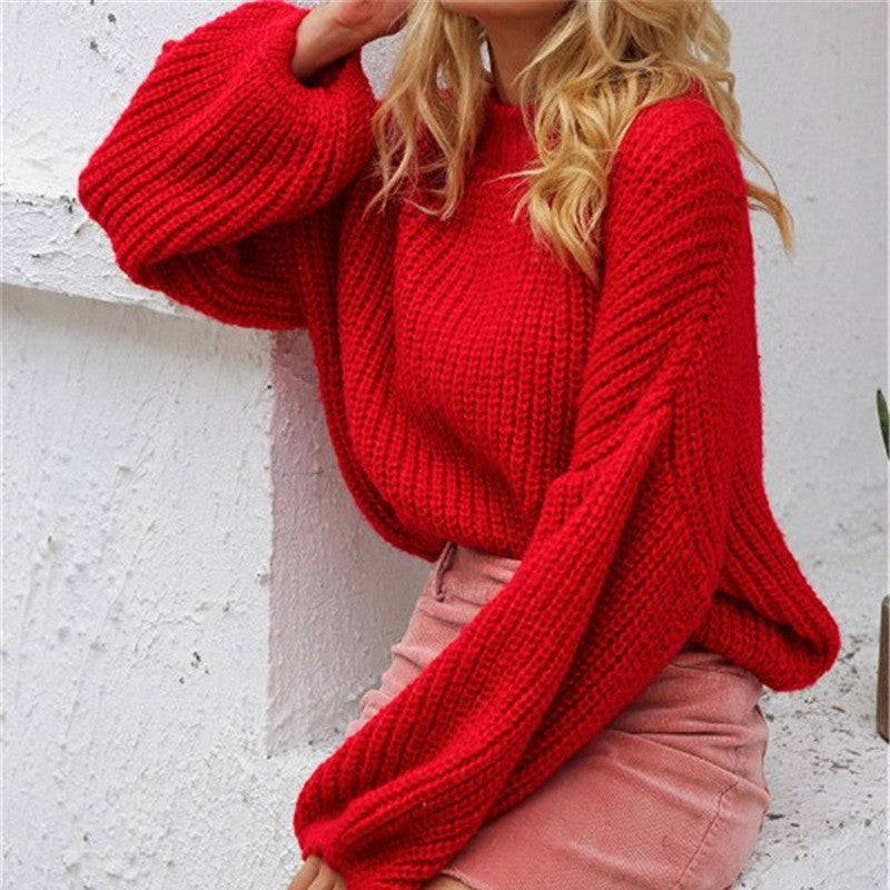 Women's Fashion Solid Color Lantern Sleeve Sweater