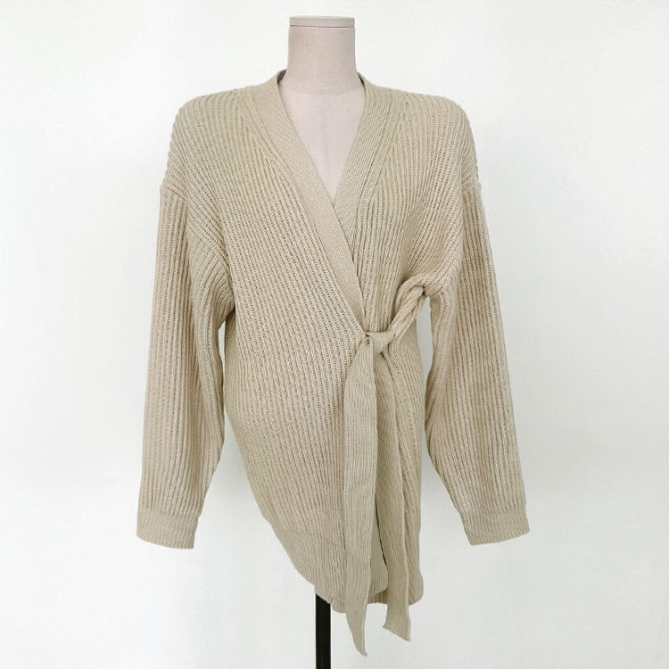 Pit Stripe Knitted Cardigan With Waist Strap Thickened Sweater