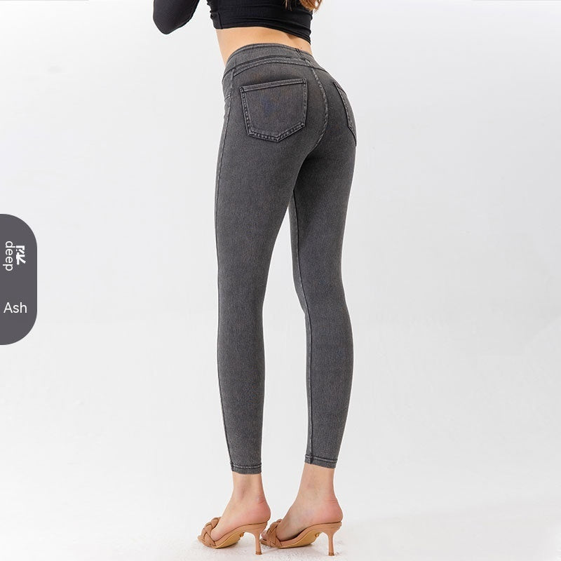 Denim Yoga Pants Women's High Waist Slimming Pocket Sports Tight Casual Pants