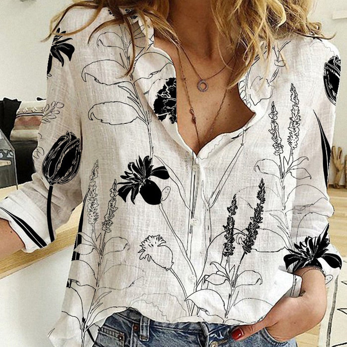 Women's Digital Printing Lapel Long Sleeve Shirt