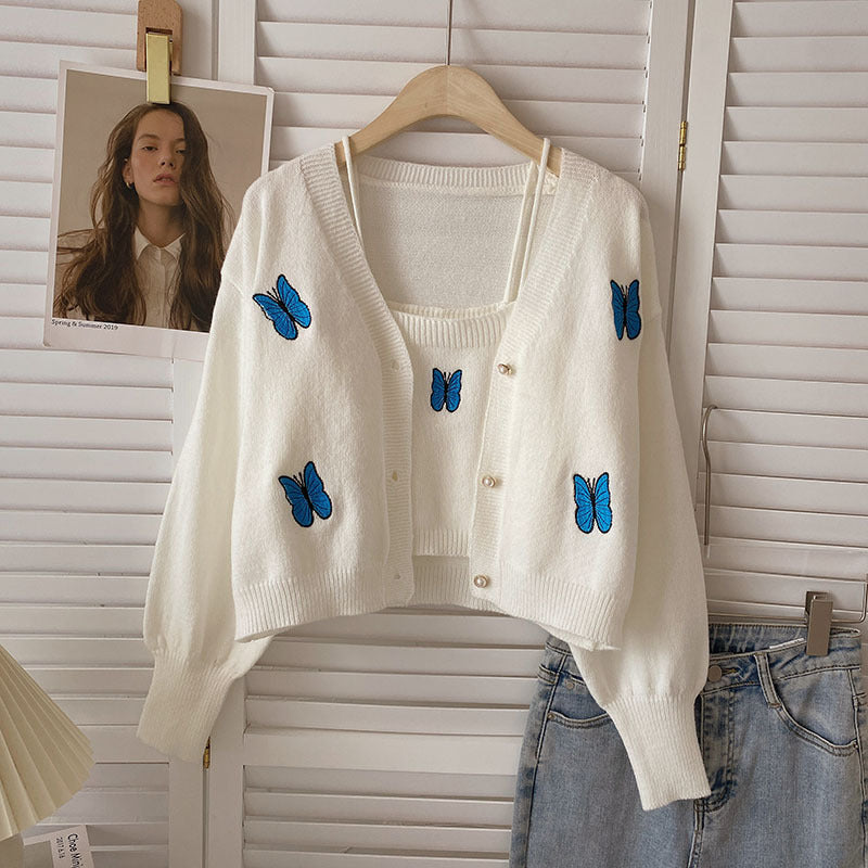 Butterfly Embroidered Vest Long Sleeve Knitted Cardigan Two-piece Set