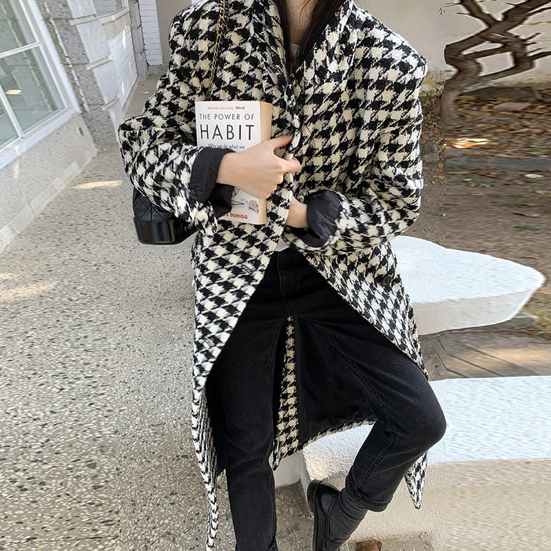 Suit Collar Houndstooth Single-breasted Long-sleeved Woolen Coat