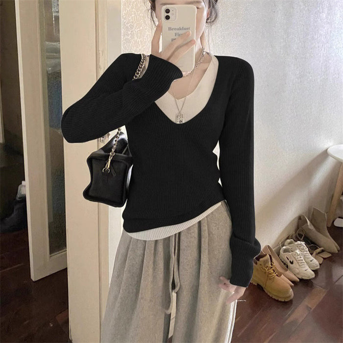 Fake Two-piece V-neck Knitted Bottoming Shirt Top