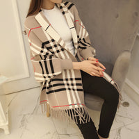 Women's Plaid Tassel Cape And Shawl Coat