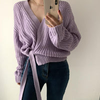 Lazy V-neck Lace Up Taro Purple Coarse Needle Sweater