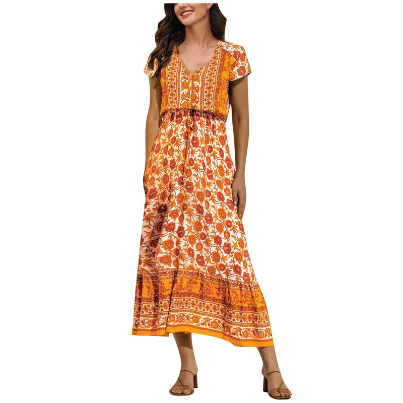 V-neck Rayon Printed Bohemian Dress