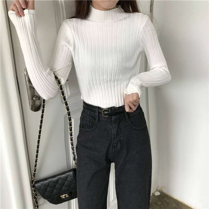 Hollow Striped Mock-neck Bottoming Shirt Women's Sweater