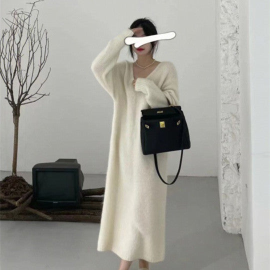 Autumn And Winter New Korean Style Knitted Long V-neck Base Woolen Skirt