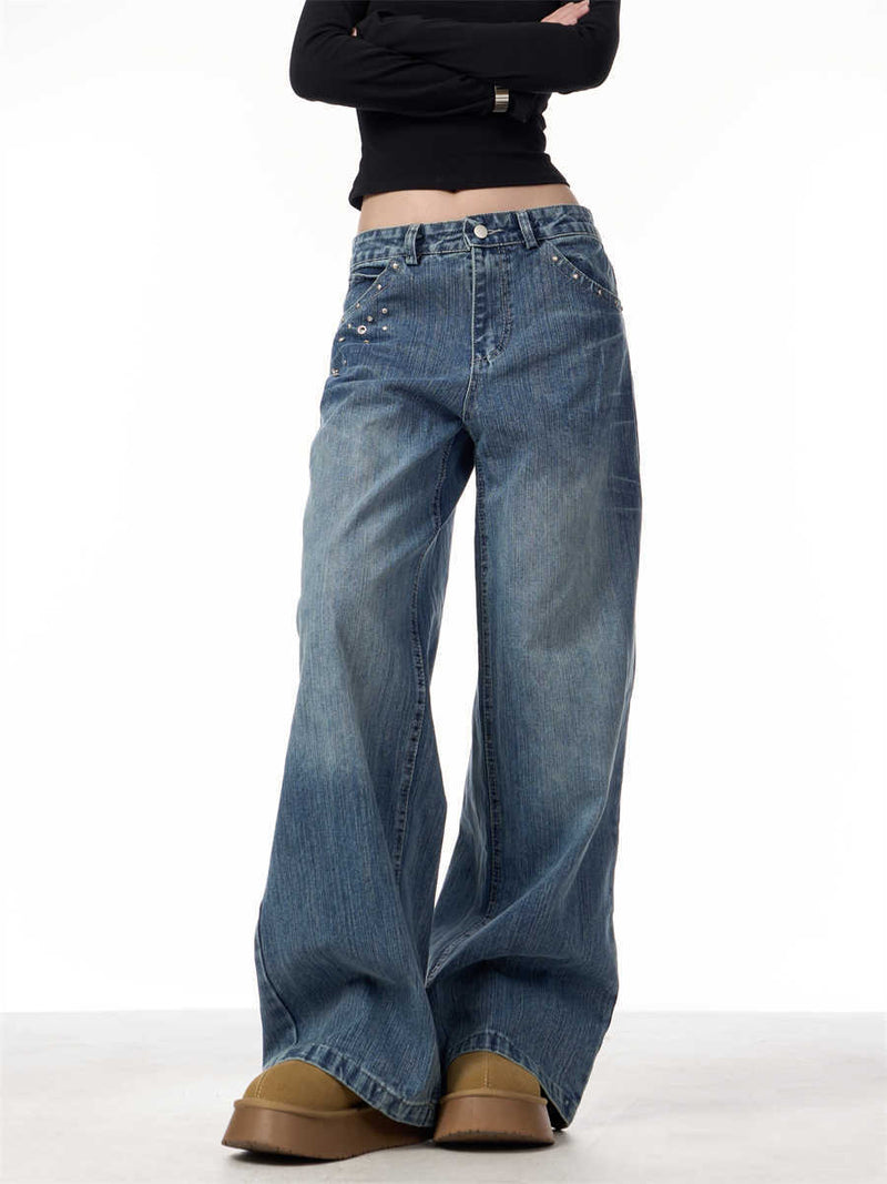 Women's Rivet High Waist Wide Leg Jeans Baggy Straight Trousers