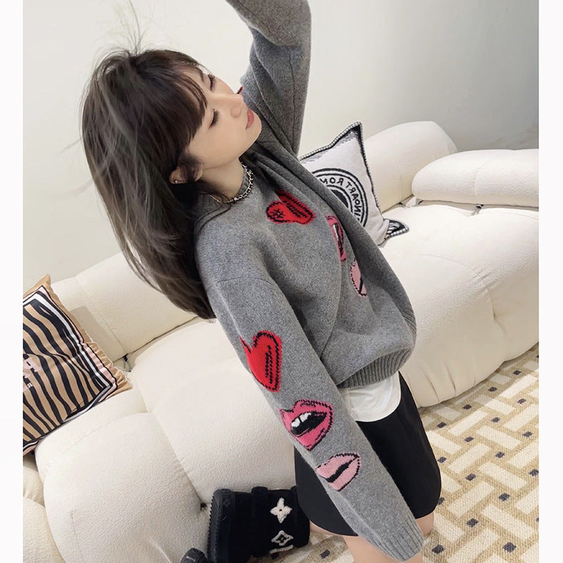 Heavy Handmade Jacquard Pattern Cashmere Round Neck Knitted Sweater For Women