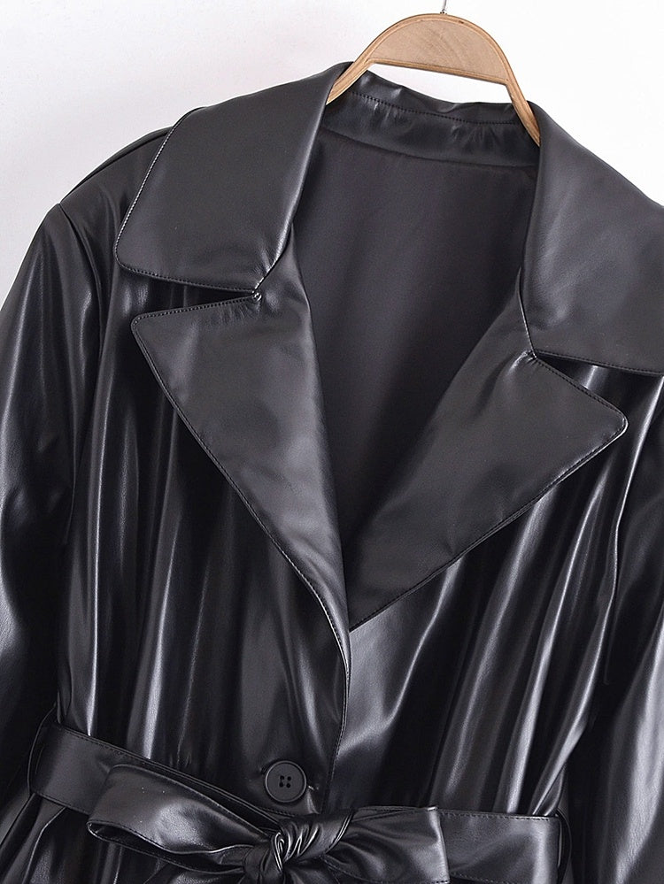 Stylish Belted Faux Leather Trench Coat