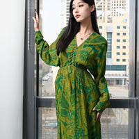 Pattern Printed V-neck Long Sleeve Long Dress Casual And Comfortable