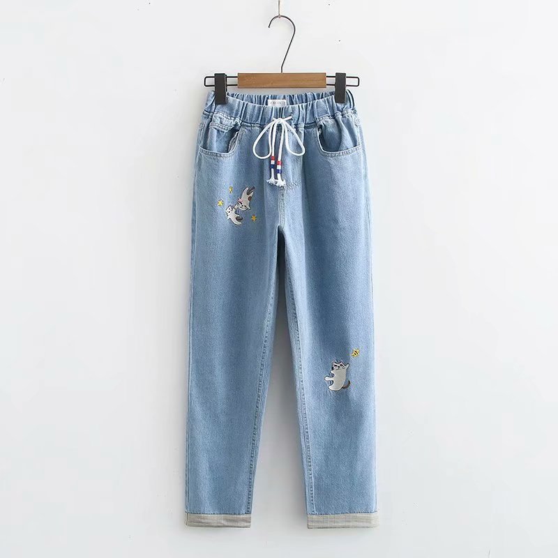 Old elastic waist lace up embroidered star denim pants