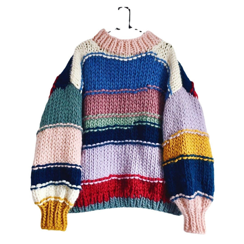 Hand-woven Rainbow Striped Contrast Color Sweater Coat